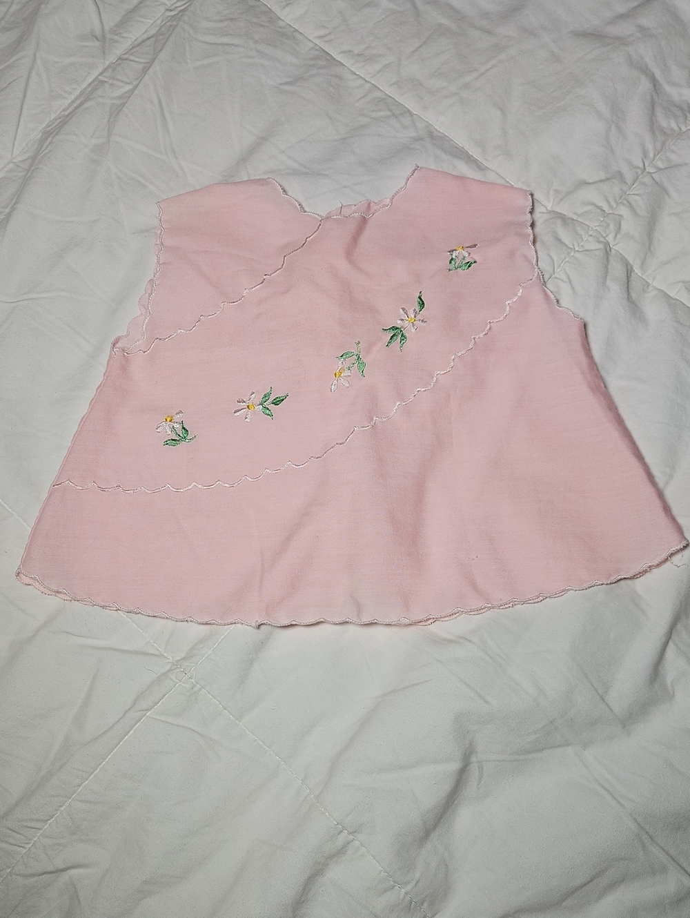 Vintage Pink Baby Diaper Shirt With Embroidered Daisies And Scalloped Edge 1950s